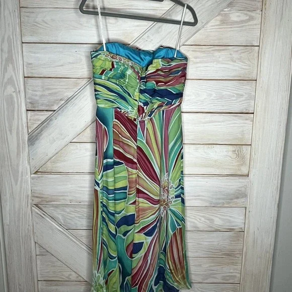 David Meister Strapless Psychedelic Green Floral Ruched Mid Calf Maxi Dress - Picture 3 of 6
